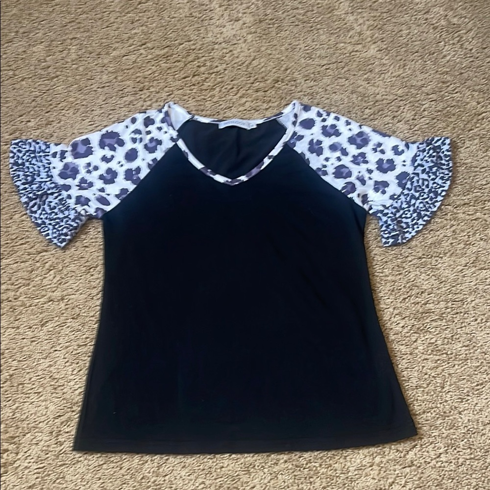 Black Top with White and Purple Leopard Sleeve Accents